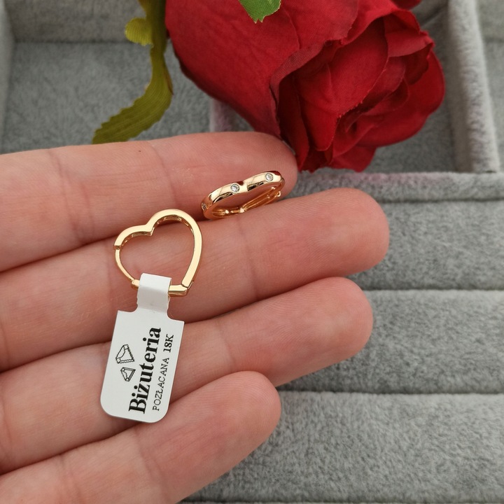 ZŁOTE KOLCZYKI SERDUSZKO Z CYRKONIAMI DLA KOBIETY WYJĄTKOWE POZŁACANE 18K