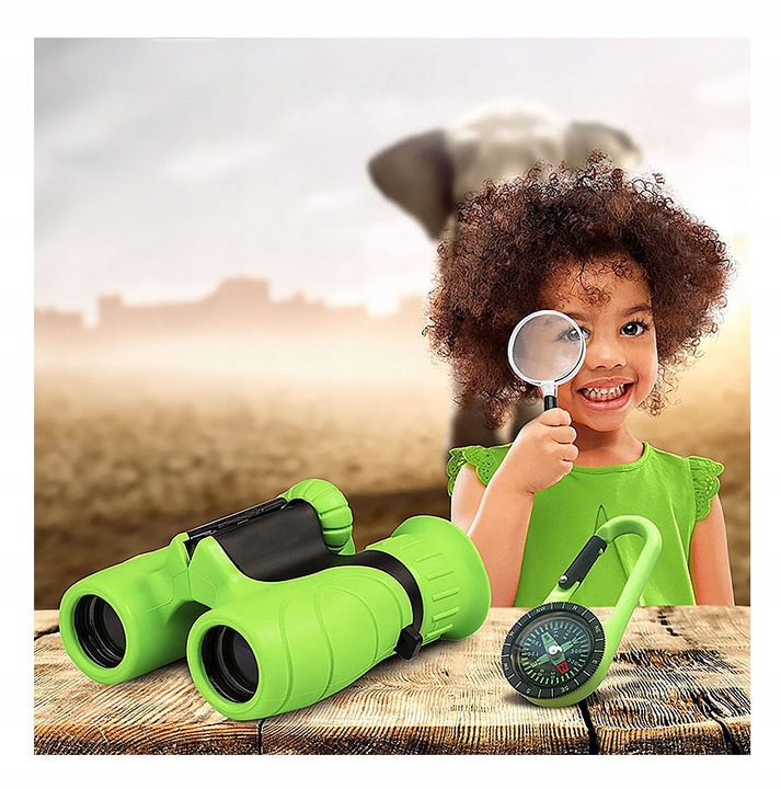 LORNETKA DLA DZIECI 8X21 OPTYKA ZOOM DZIEŃ I NOC LUPA KOMPAS + ETUI ZESTAW
