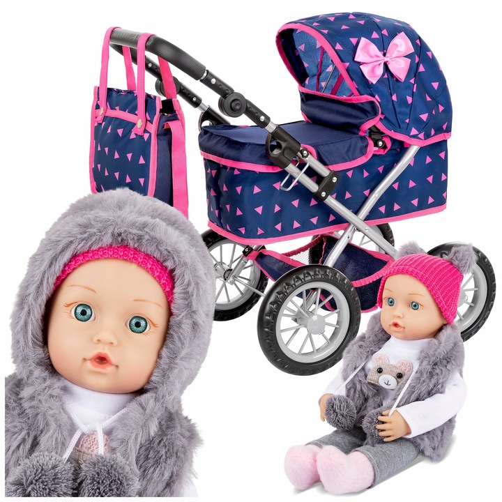 KINDERPLAY WÓZEK DLA LALEK GŁĘBOKI GONDOLA SKŁADANY TORBA + LALKA BOBAS