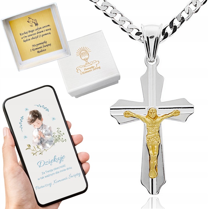 Komplet komunijny łańcuszek z krzyżem srebro 925 pozłacany wizerunek 45 cm