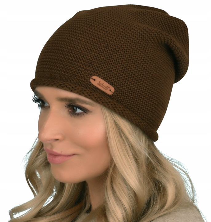 Brązowa Kobieca Czapka Modny Fason Polska podpinana dziana wywinięta J4