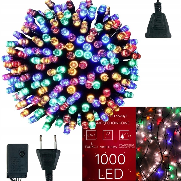 LAMPKI CHOINKOWE 1000 LED ŚWIĄTECZNE ZEWNĘTRZNE WEWNĘTRZNE MULTIKOLOR 8w1
