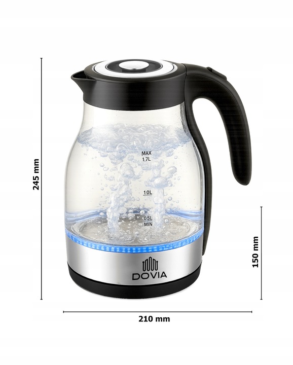 Czajnik Elektryczny Bezprzewodowy Szklany 1.7 L Cichy LED Mocny 2200W Dovia