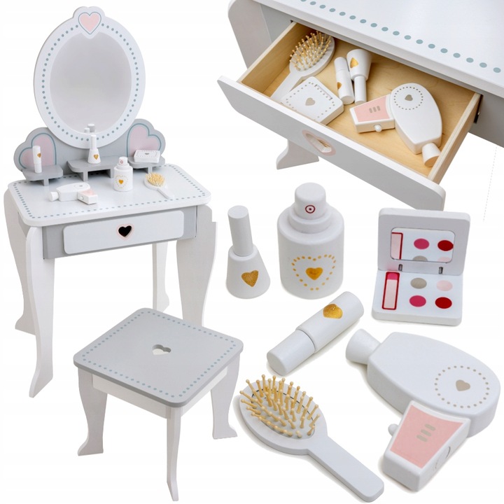 Drewniana toaletka dla dziewczynki z krzesełkiem lustro akcesoria szuflada
