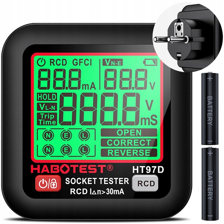 HABOTEST HT97D TESTER NAPIĘCIA GNIAZDEK SIECIOWYCH ELEKTRYCZNYCH DUŻY LCD