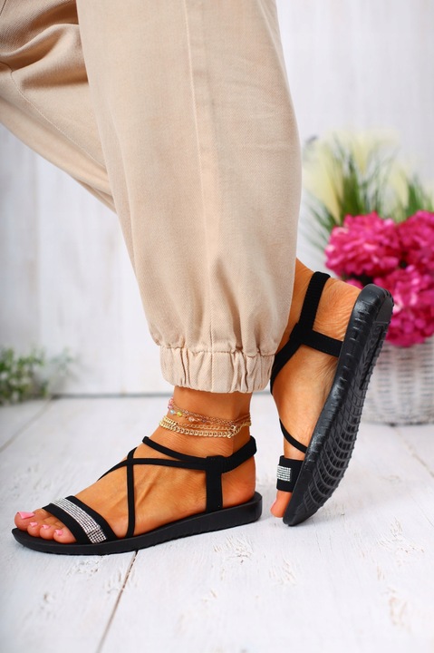 DAMSKIE SANDAŁY CZARNE LETNIE ELEGANCKIE WYGODNE CYRKONIE