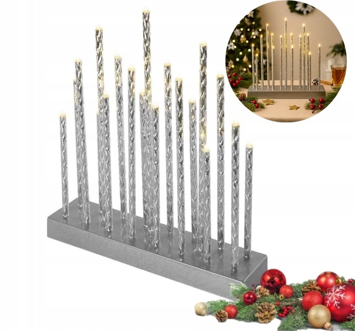 Świecznik Świąteczny LED Srebrny Dekoracja LED 19cm Ciepła Biel Timer
