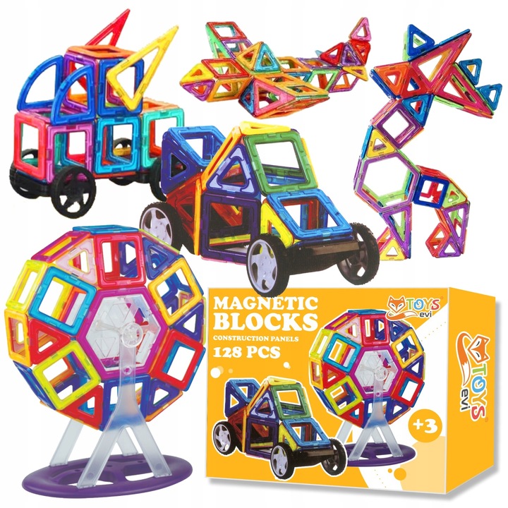 Klocki magnetyczne PANELE KONSTRUKCYJNE edukacyjne kolorowe 3D zestaw 128el