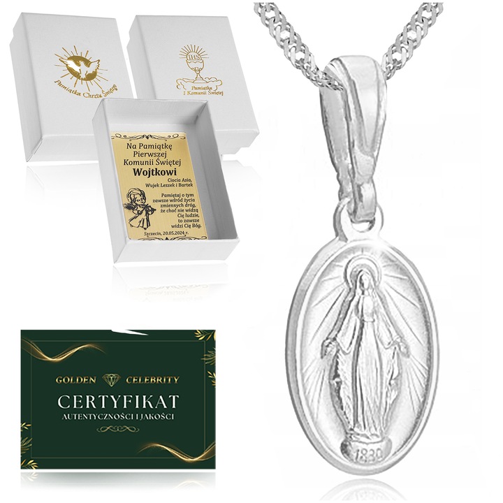 ŁAŃCUSZEK SREBRNY MEDALIK KOMUNIJNY CUDOWNY NA KOMUNIĘ NA CHRZEST NA ROCZEK