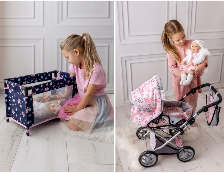 Wózek dla lalek 3w1 ŁÓŻECZKO KRZESEŁKO POŚCIEL TORBA PRZEWIJAK ZESTAW XXL