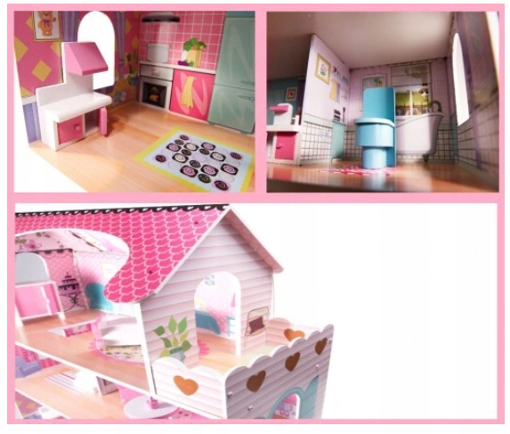 DUŻY DREWNIANY DOMEK DLA LALEK XXL ŚWIATŁA LED zestaw MEBLE OŚWIETLENIE MDF