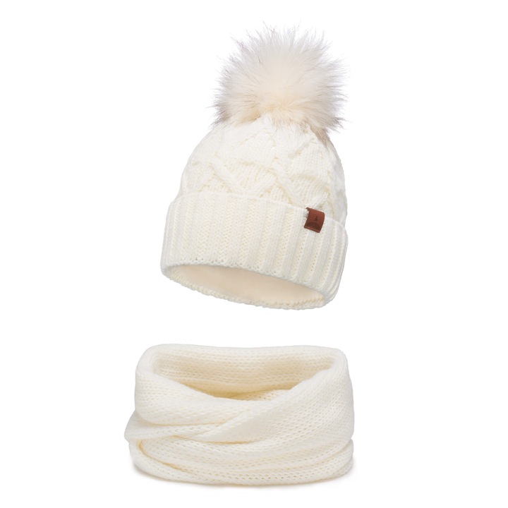 Czapka zimowa damska z pomponem + komin Ecru