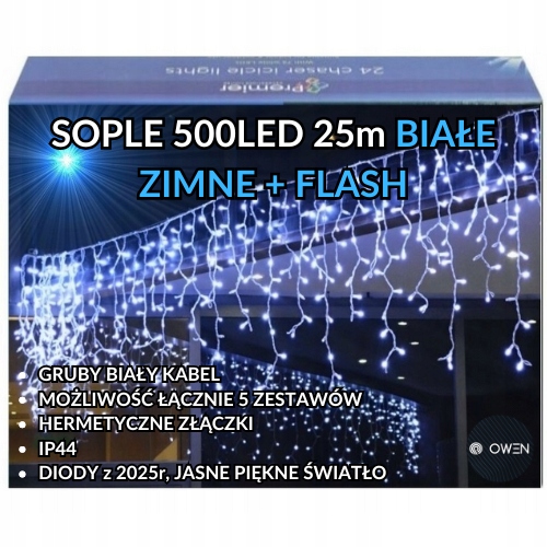SOPLE 500 LED KURTYNA LAMPKI ZEWNĘTRZNE IP44 FLASH Białe ZIMNE 25M GRUBE
