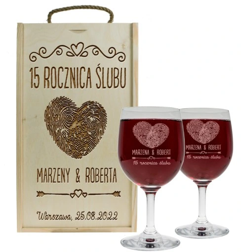 PREZENT NA ROCZNICĘ ŚLUBU SKRZYNKA PUDEŁKO NA WINO + DWA KIELISZKI GRAWER