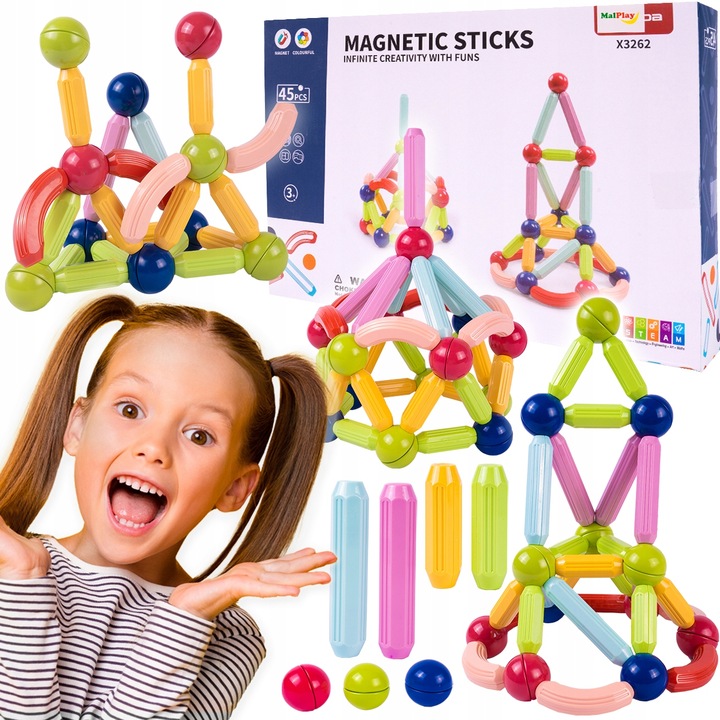 KLOCKI MAGNETYCZNE KONSTRUKCYJNE EDUKACYJNE 45 EL DLA DZIECI MAGNETIC STICK