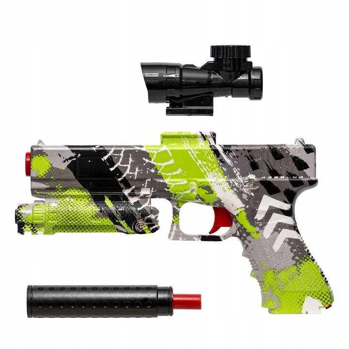 PISTOLET GLOCK AUTOMAT NA KULKI ŻELOWE Z TŁUMIKIEM ELEKTRYCZNY GRAFFITI