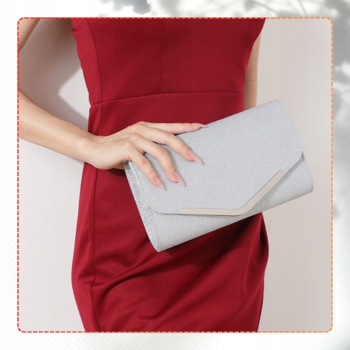 Srebrna Wieczorowa Torebka Kopertówka Błyszcząca na Ślub EFEKTOWNA Wizytowa