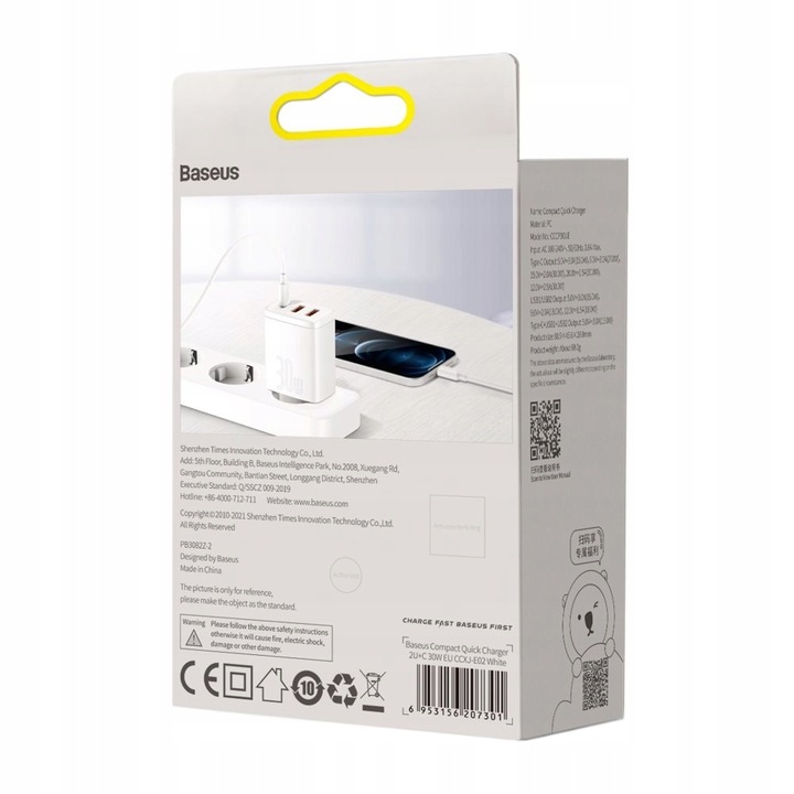 BASEUS SZYBKA ŁADOWARKA SIECIOWA KOSTKA 2x USB USB C 30W MOCNY ZASILACZ 3A