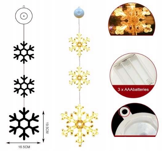 Lampki świąteczne z przyssawkami na okno na Boże Narodzenie śnieżynki 3szt