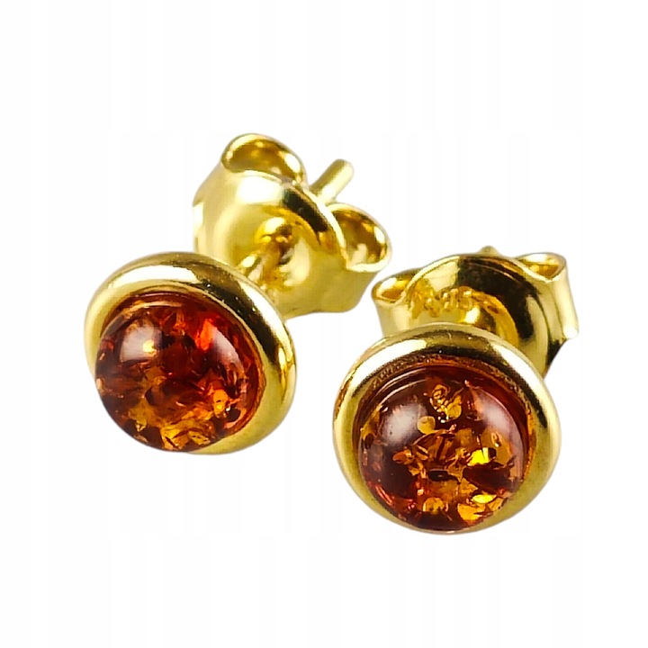 ZŁOTE KOLCZYKI Okrągłe z BURSZTYNEM Sztyft Wkrętki Srebro Pozłacane ŚLICZNE