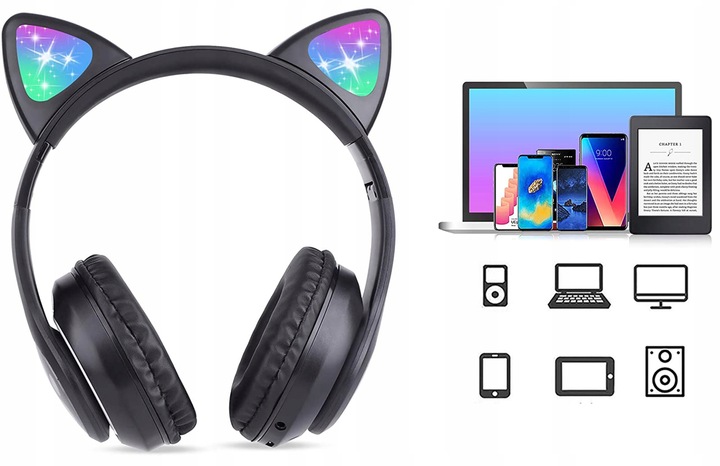SŁUCHAWKI BEZPRZEWODOWE Z MIKROFONEM KOLOROWE KOCIE USZY LED DLA DZIECI