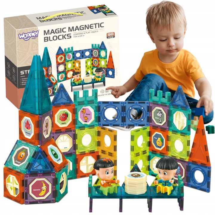 DUŻE KLOCKI MAGNETYCZNE KONSTRUKCYJNE 3D PANELE UKŁADANKA 98 el. WOOPIE