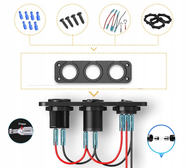 GNIAZDO ZAPALNICZKI Ładowarka USB 2xQC 3.0 WOLTOMIERZ PANEL 3 12/24V Kable