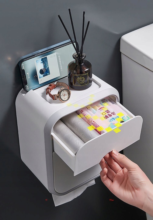 UCHWYT POJEMNIK NA PAPIER TOALETOWY + SZUFLADKA NA CHUSTECZKI PÓŁKA WC