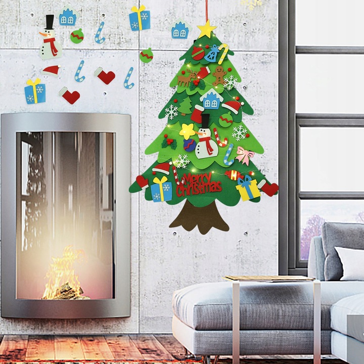 CHOINKA FILCOWA NA RZEPY Z OZDOBAMI DLA DZIECI ŚWIATEŁKA 50 LED NA ŚCIANĘ