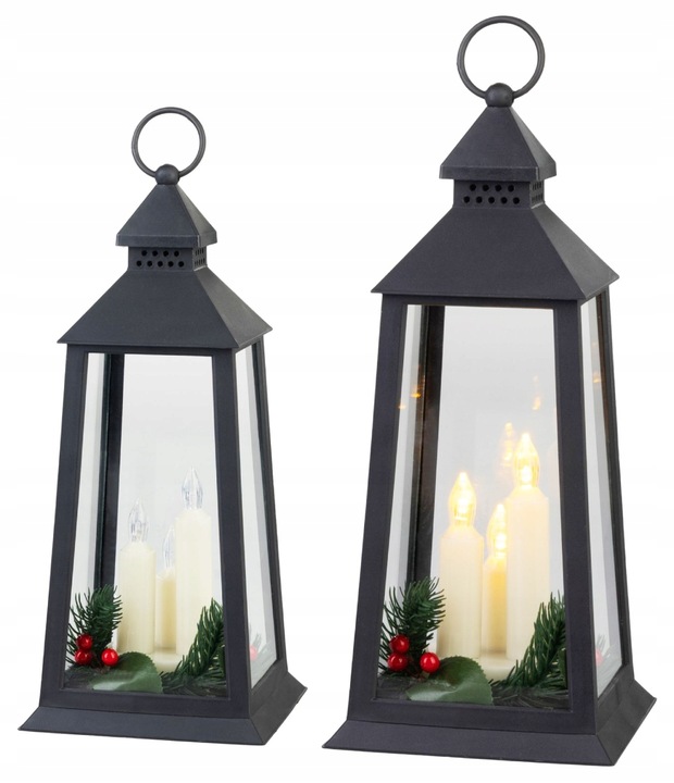 ŚWIĄTECZNA LATARNIA LATARENKA LED CZARNA ŚWIECZKI CHOINKA 35 CM CIEPŁA BIEL