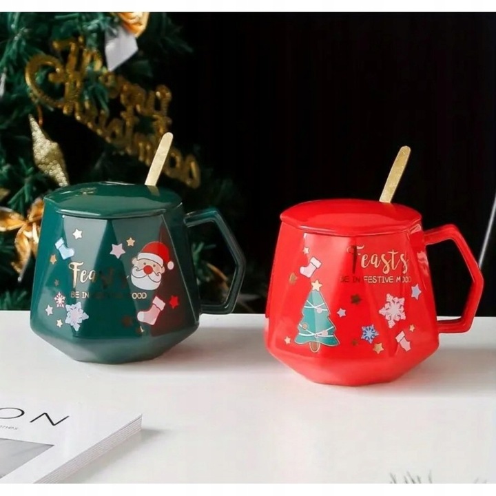 KUBEK ŚWIĄTECZNY - zestaw z pokrywką i łyżeczką 250 ml, Czerwony