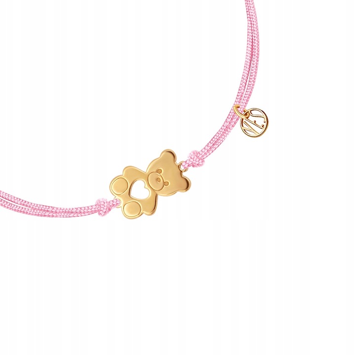 Bransoletka srebrna pozłacana na sznurku - miś - Hippie YES