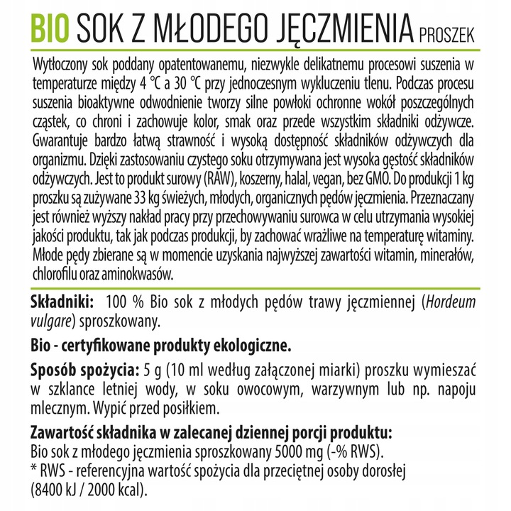 Sok z Młodego Jęczmienia BIO Proszek Ekologiczny Witaminy 100g NatVita