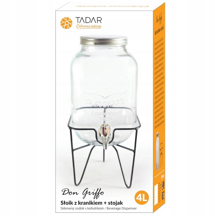 SZKLANY SŁOIK Z KRANIKIEM stojak na lemoniadę napoje soki piknik przyjęcie