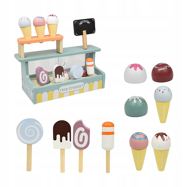 LODZIARNIA DLA DZIECI WITRYNA Z LODAMI STOISKO DREWNIANY SKLEPIK DLA DZIECI