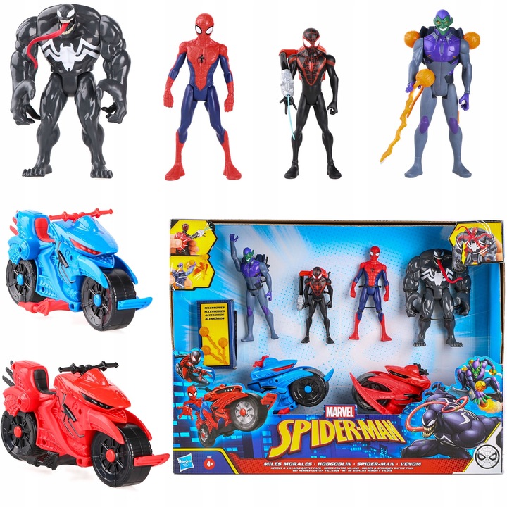ZESTAW 4 FIGUREK SPIDERMAN VENOM GOBLIN MILES MORALES +2 POJAZDY +AKCESORIA