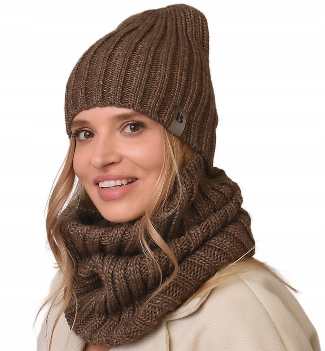 damski Komplet brązowyi zimowy CZAPKA Z KOMINEM ciepły ZESTAW polski Be4