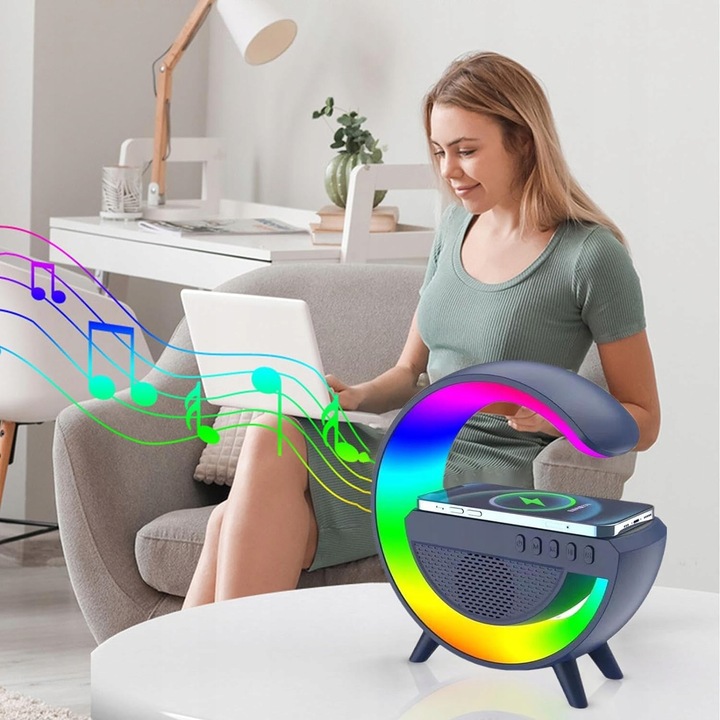 GŁOŚNIK MOBILNY PRZENOŚNY BEZPRZEWODOWE ŁADOWANIE BLUETOOTH LAMPKA RGB