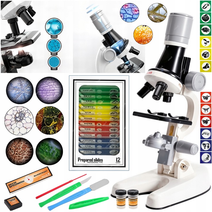 MIKROSKOP DLA DZIECI EDUKACYJNY 1200X +PREPARATY DO MIKROSKOPU ZESTAW 13szt