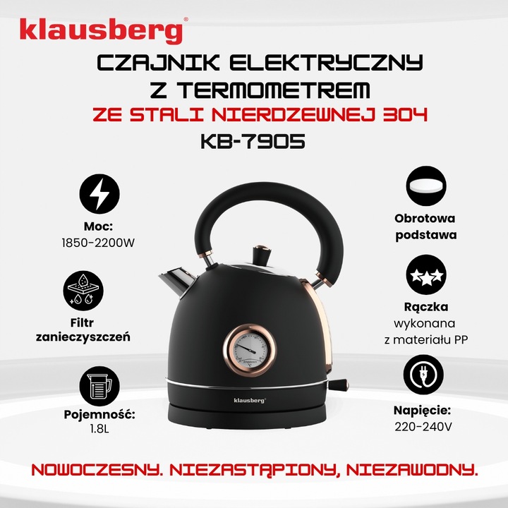 Czajnik elektryczny 1.8L z Termometrem RETRO Klausberg KB-7905 2200W Czarny