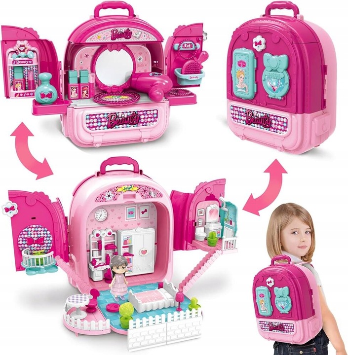 Toaletka WALIZKA domek z lalką PLECAK zestaw piękności 3w1 dla dziewczynek