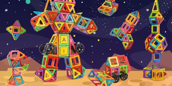 Klocki magnetyczne PANELE KONSTRUKCYJNE edukacyjne kolorowe 3D zestaw 128el