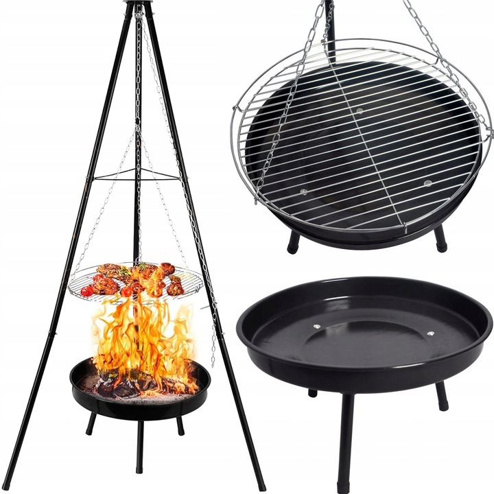 PALENISKO TRÓJNÓG GRILL OGRODOWY OGNISKOWY WISZĄCY DUŻY RUSZT CHROMOWANY 50