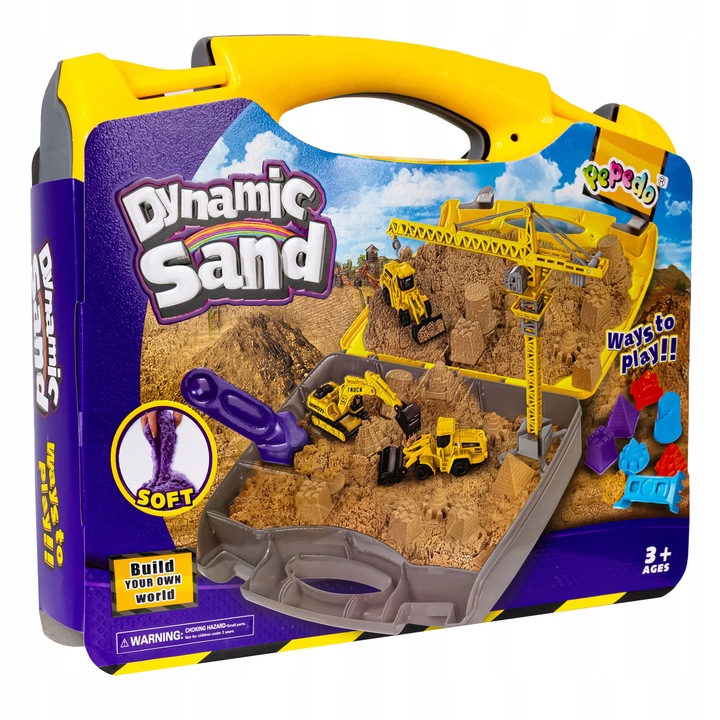 PIASEK KINETYCZNY W WALIZCE DLA DZIECI POJAZDY BUDOWLANE ŻURAW FOREMKI