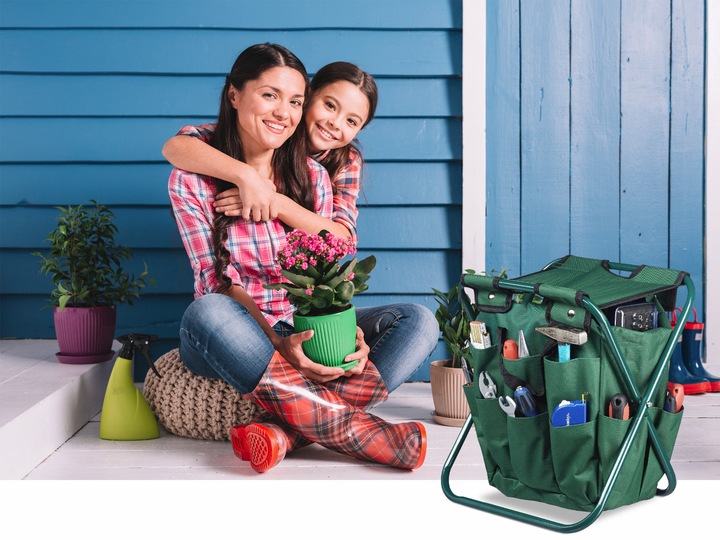 Stołek Składany Taboret Ogrodowy Wędkarski Z Torbą Na Narzędzia