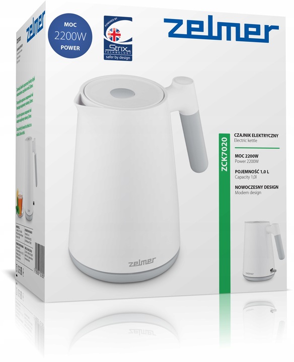 CZAJNIK ELEKTRYCZNY ZELMER BEZPRZEWODOWY STAL NIERDZEWNA CICHY 1L 2200W