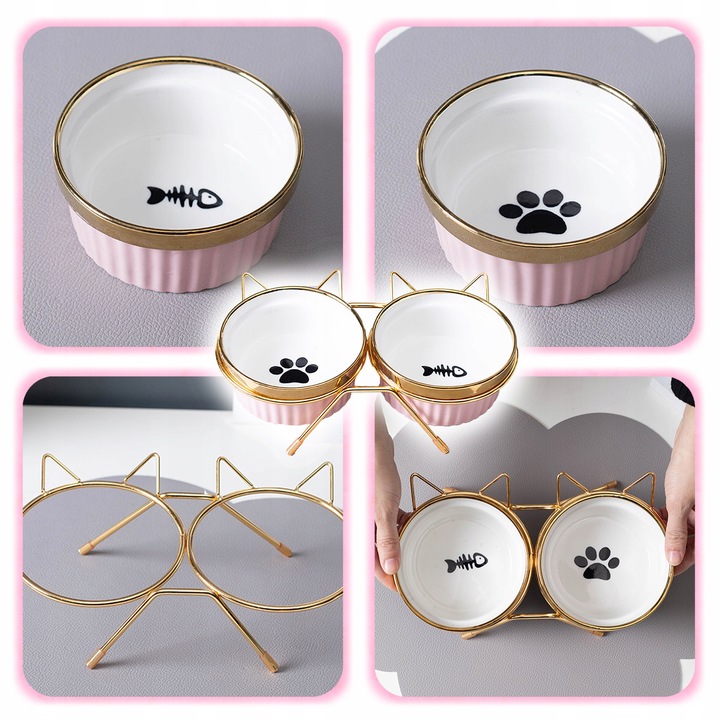 MISKA DLA KOTA PSA PODWÓJNA CERAMICZNA NA STOJAKU Miski ZESTAW 2SZT 2x300ml