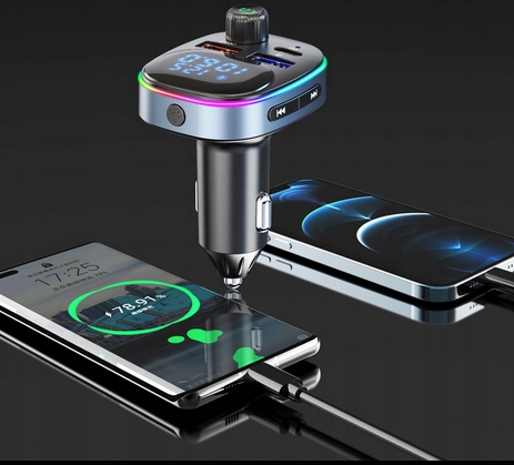 TRANSMITER BLUETOOTH FM SAMOCHODOWY SZYBKA ŁADOWARKA USB USB-C AUX