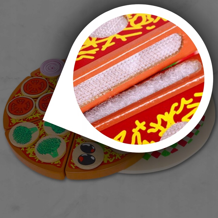 DREWNIANA PIZZA DO KROJENIA UKŁADANKA NA RZEP RZEPY AKCESORIA NÓŻ