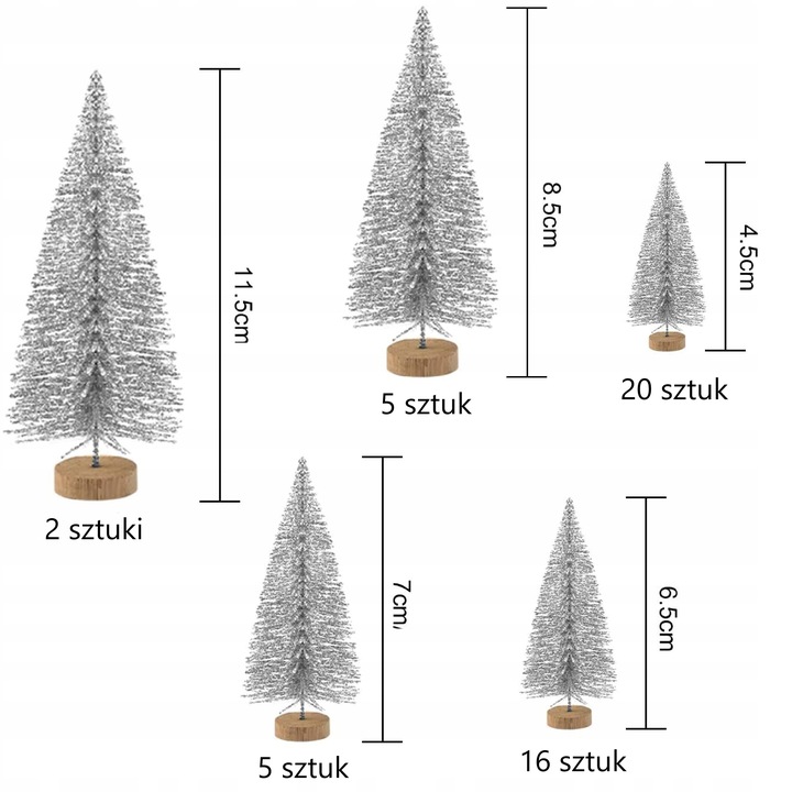 Mini choinki na pniu brokatowe drzewka 48szt. 5 rozmiarów srebrne